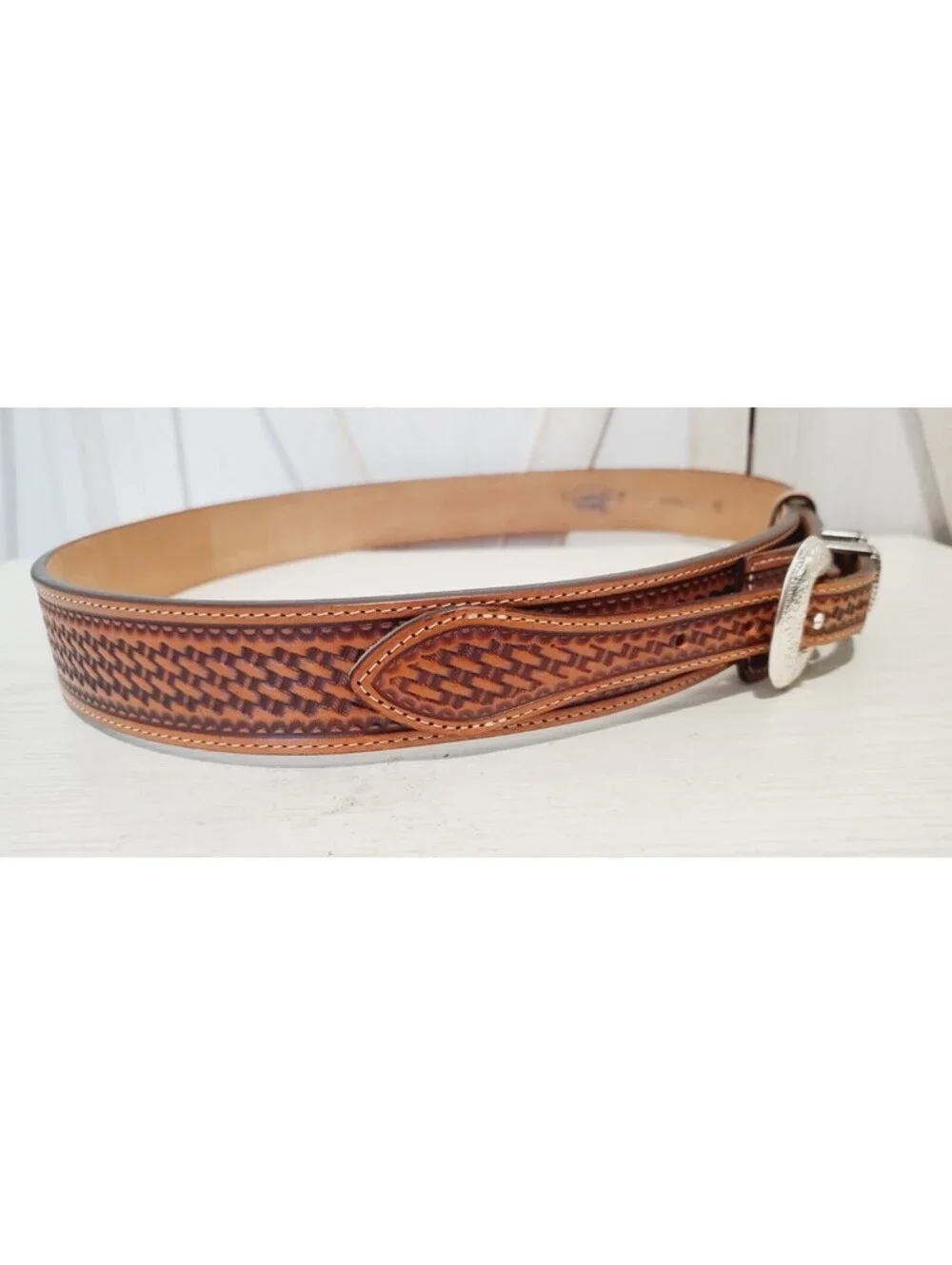 Vintage JUSTIN Buckle Belt Western Tapered 36 Brown TOOLED Leather